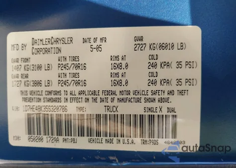 2005 Dodge Dakota Slt z USA, uszkodzony, nr VIN 1D7HE48K35S320786